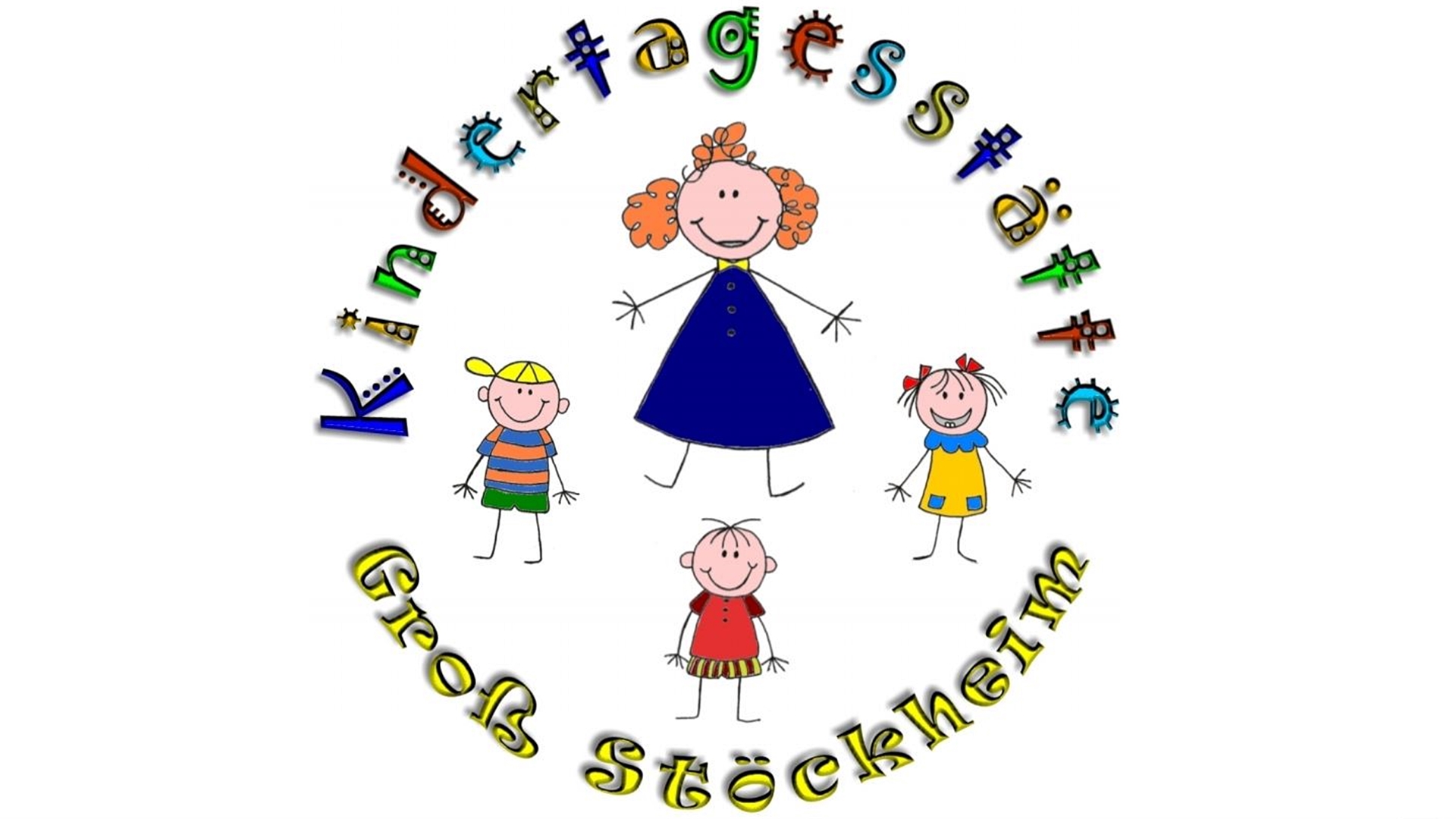 Das bunte Logo der Kindertagesstätte Groß Stöckheim zeigt eine gezeichnete Erzieherin mit drei Kindern.