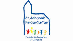 Das Logo des Kindergartens St. Johannis zeigt den Umriss einer Kirche. Darin sind viele bunte Kinder und der Name des Kindergartens eingezeichnet.
