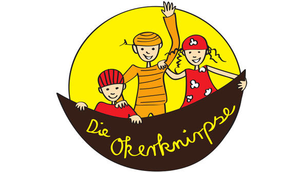Das Logo der AWO-Krippe Okerknirpse. Im oberen Teil sind drei gezeichnete Kinder vor einem gelben Hintergrund. Im unteren Teil steht in gelb auf schwarz der Schriftzug "Die Okerknirpse".