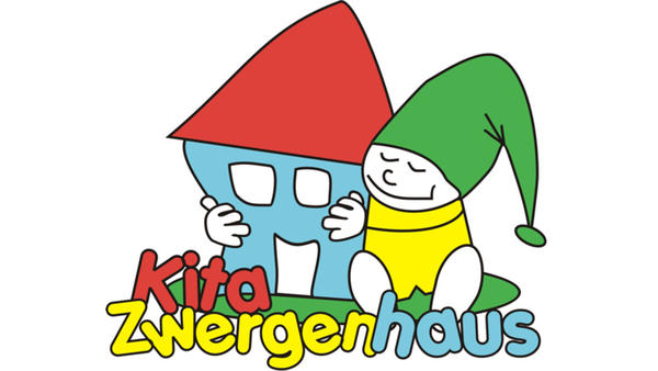 Zeichnung: Ein Zwerg mit Zipfelmütze umarmt ein Haus, darunter steht Kita Zwergenhaus