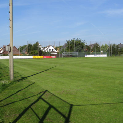 Blick über einen Rasen-Fußballplatz.