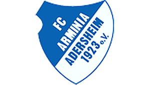 Blauweißes Wappenschild mit weißblauer Schrift " FC Arminia Adersheim 1923 e.V. "