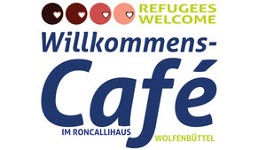 Logo des Willkommenscafès im Roncallihaus mit dem Schriftzug: "Refugees Welcome Willkommenscafé im Roncallihaus Wolfenbüttel"
