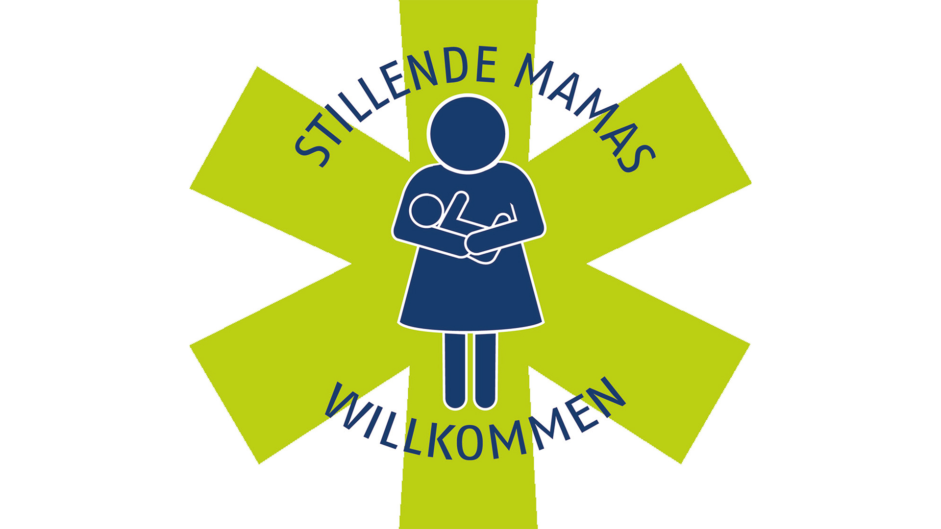 Logo "Stillende Mamas Willkommen" mit selbiger Aufschrift und einem Piktogramm einer stillenden Mutter vor dem grünen Wolfenbüttel-Asterisken.