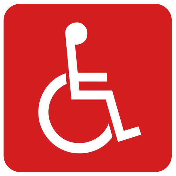 Piktogramm eines Rollstuhlfahrers in weiß auf rotem Grund.