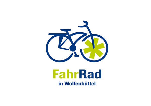 Logo der Kampagne "FahrRad in Wolfenbüttel". Ein Fahrrad ist abgebildet, dessen Vorderrad-Speiche durch einen grünen Asterisken ersetzt ist.