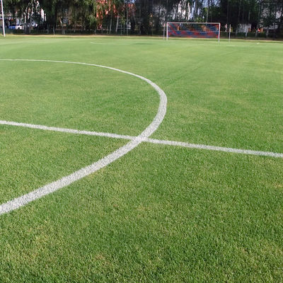 Ein Fußballplatz mit abgekreidetem Mittelkreis und Mittellinie. Im Hintergrund ist ein Tor zu erkennen.
