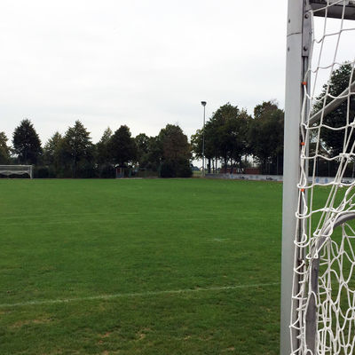 Hinter einem Fußballtor platziert, zeigt das Foto einen Fußballplatz. auf der gegenüberliegenden Seite steht ein zweites Tor mit weißem Netz. Der Platz ist stellenweise von höheren Bäumen umgeben.