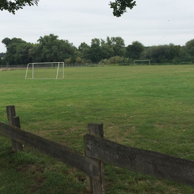 Auf einer grünen Wiese steht ein Fußballtor ohne Tornetz. Im Vordergrund ist ein Holzzaun zu erkennen.