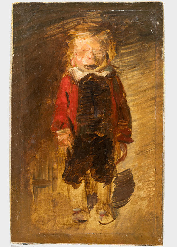 Das Gemälde zeigt einen Jungen in braunen Hosen und einer roten Jacke. Sein Gesicht ist verschwommen dargestellt.