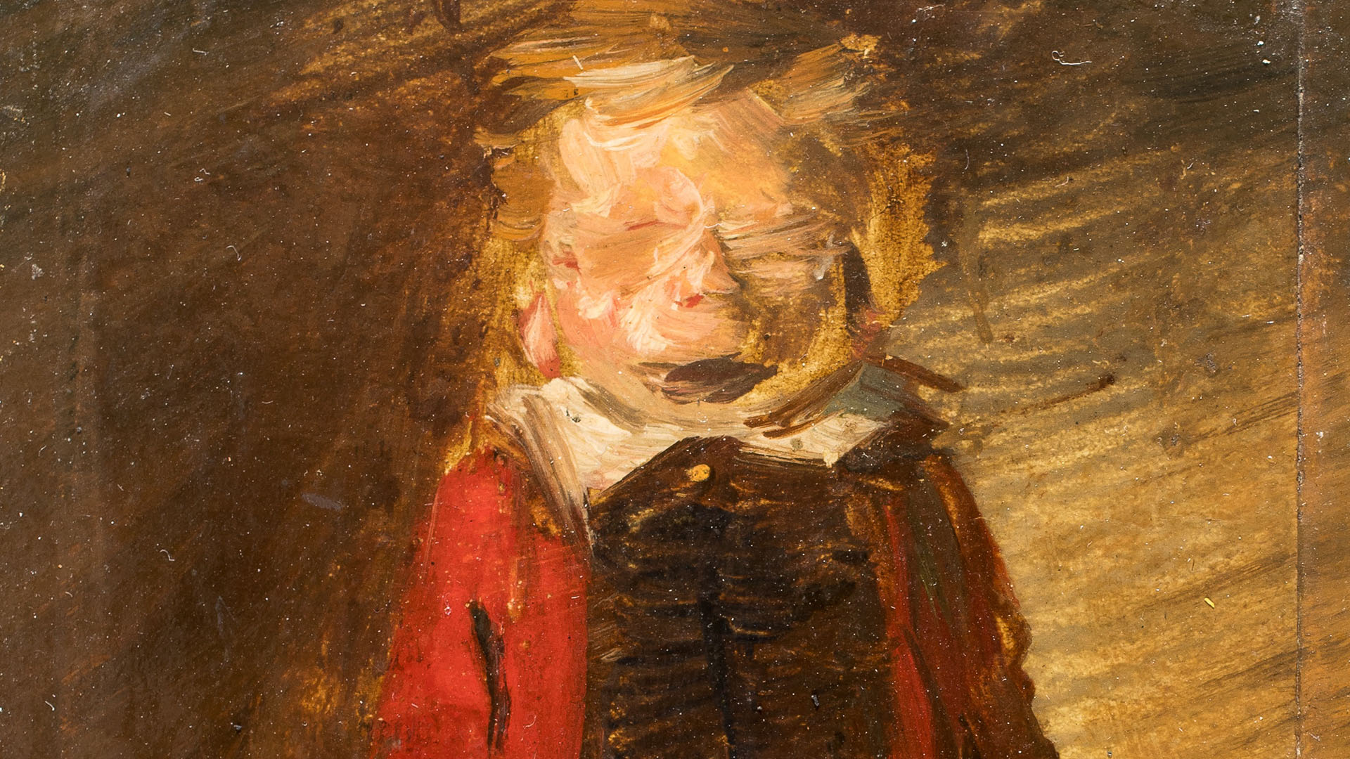 Das Gemälde zeigt einen Jungen in braunen Hosen und einer roten Jacke. Sein Gesicht ist verschwommen dargestellt.