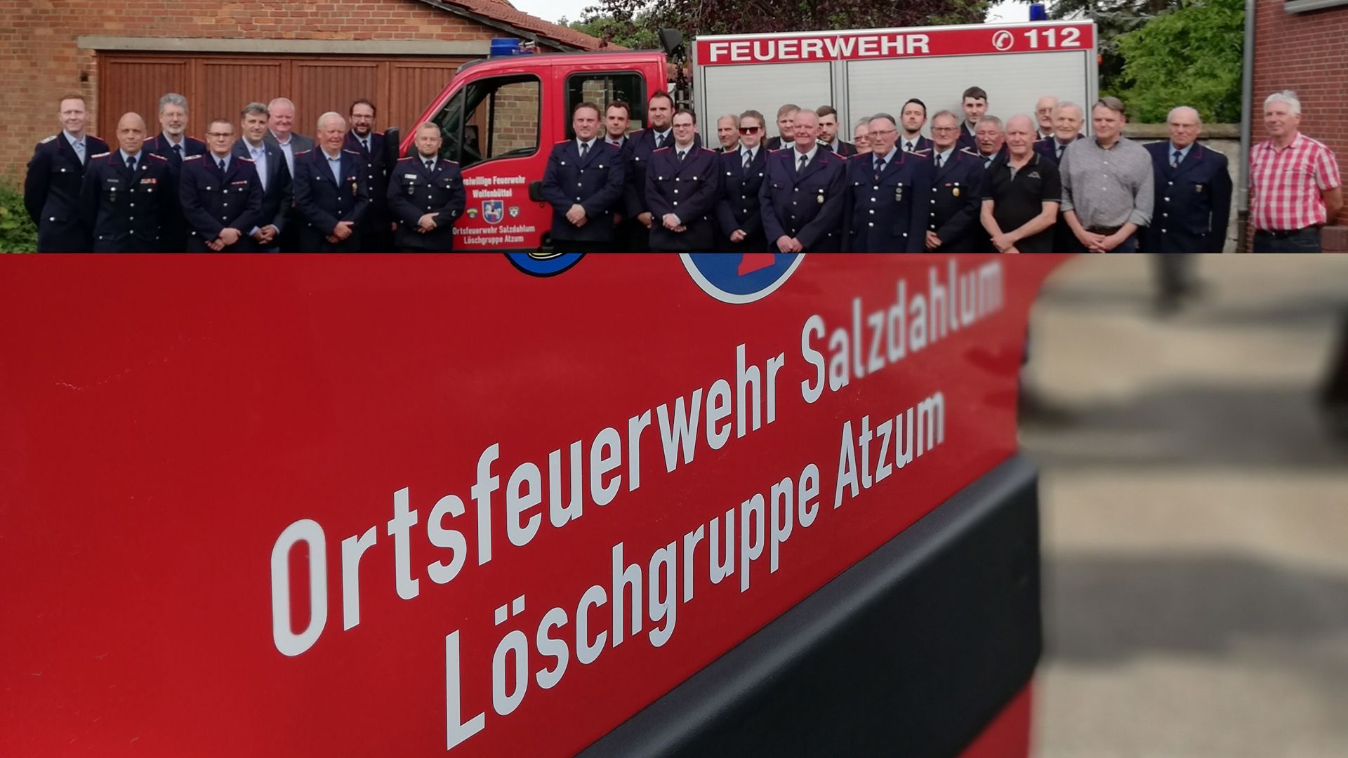 Fotocollage. Das obere Foto zeigt ein Gruppenfoto der Freiwilligen Feuerwehr Salzdahlum. Das untere Foto zeigt den Aufdruck einer Tür eines Einsatzfahrzeuges mit der Aufschrift  "Ortsfeuerwehr Salzdahlum. Löschgruppe Atzum."
