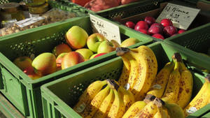 In grünen Kisten liegen Äpfel, Bananen und Pflaumen.