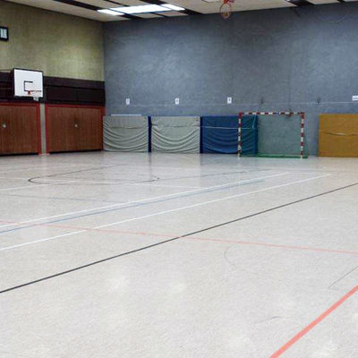 Sporthalle mit einem Handballtor, einem Basketballkorb und Matten an einer Wand. Auf dem Boden befinden sich etliche Linien zur Spielfeldmarkierung.