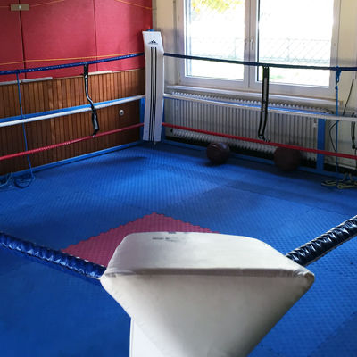 In einem Raum steht nahe der Fenster ein Boxring.