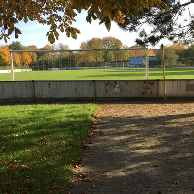Hinter einer Bande steht ein Tor eines Fußballplatzes. Dahinter ist das Spielfeld und entfernt das weitere Tor zu erkennen.