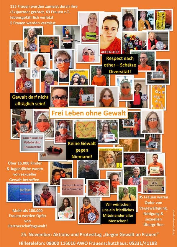 Die Collage zeigt auf orangem Hintergrund Porträts von Frauen, mit und ohne Corona-Mund-Nase-Maske, und nennt in Schlagwolken Zahlen von misshandelten Frauen und Kindern.