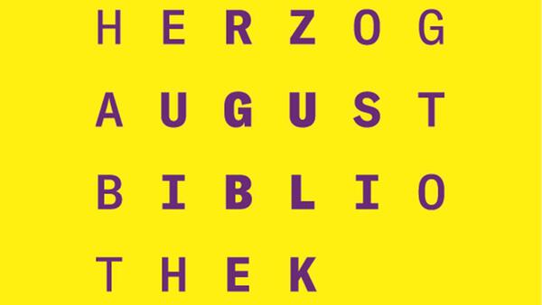 Auf gelben Hintergrund steht in violetter Schrift in Großbuchstaben HERZOG AUGUST BIBLIOTHEK