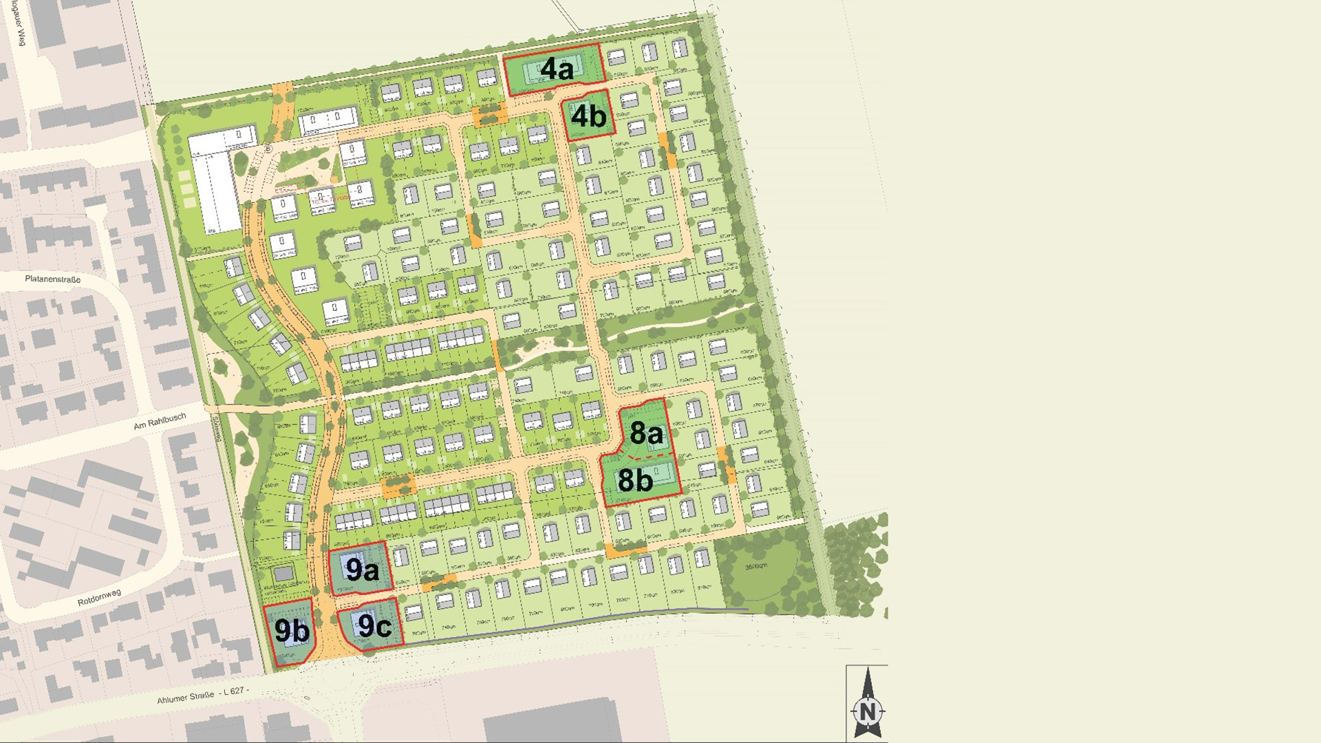 Kartenansicht des Baugebietes Am Södeweg: Lageplan mit den Losen 2, 4, 8 und 9