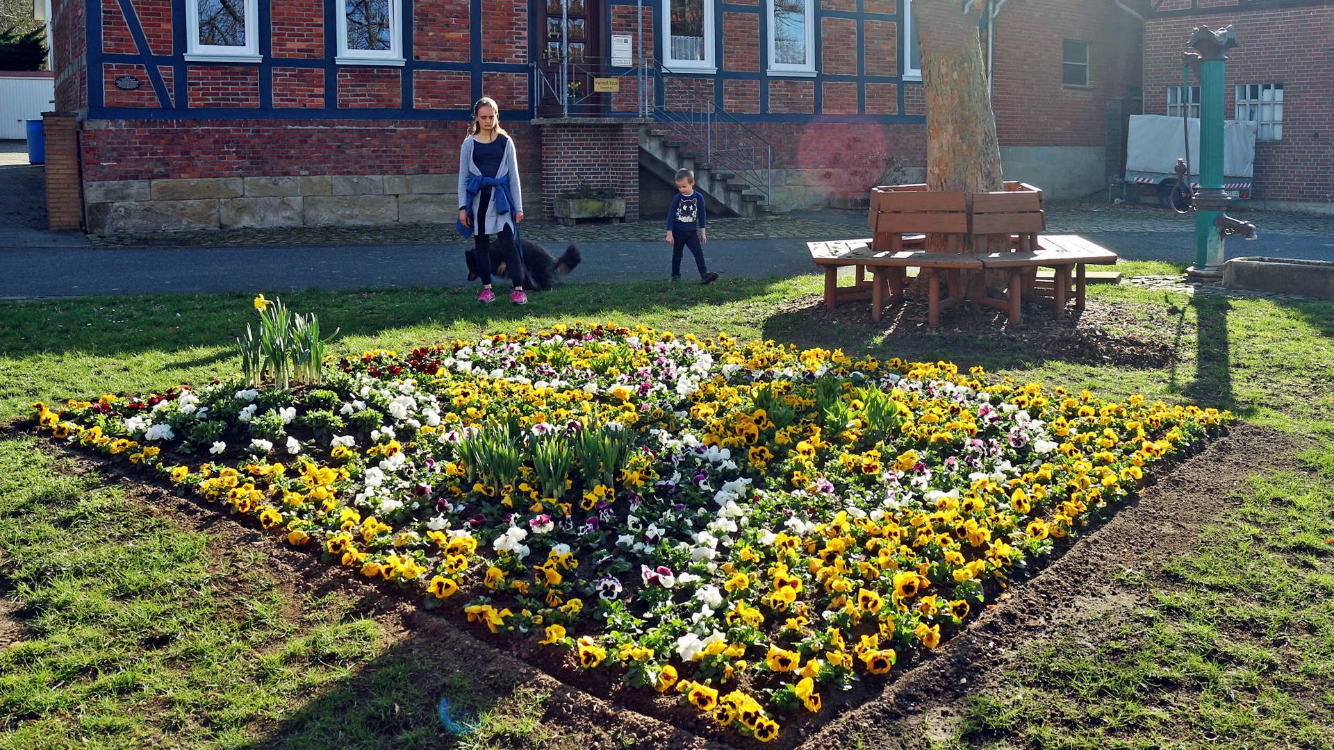 Blumenbeet mit bunten Stiefmütterchen und Osterglocken. Daneben steht eine historische Wasserpumpe. Im Hintergrund steht ein Baum mit einer Sitzbank, ein Haus, zwei Personen und ein Hund.