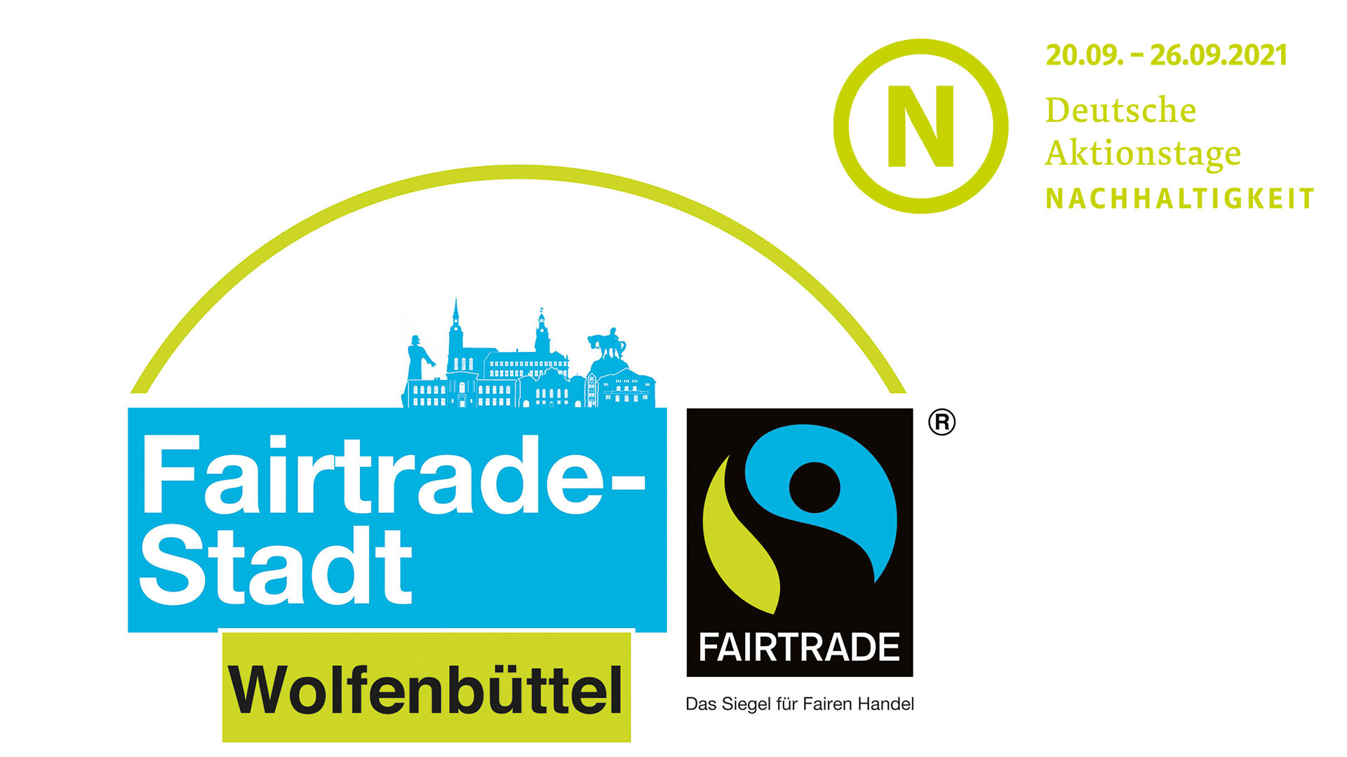 Logo der Fairtrade-Stadt Wolfenbüttel, kombiniert mit dem Logo der Deutschen Atkionstage für Nachhaltigkeit.