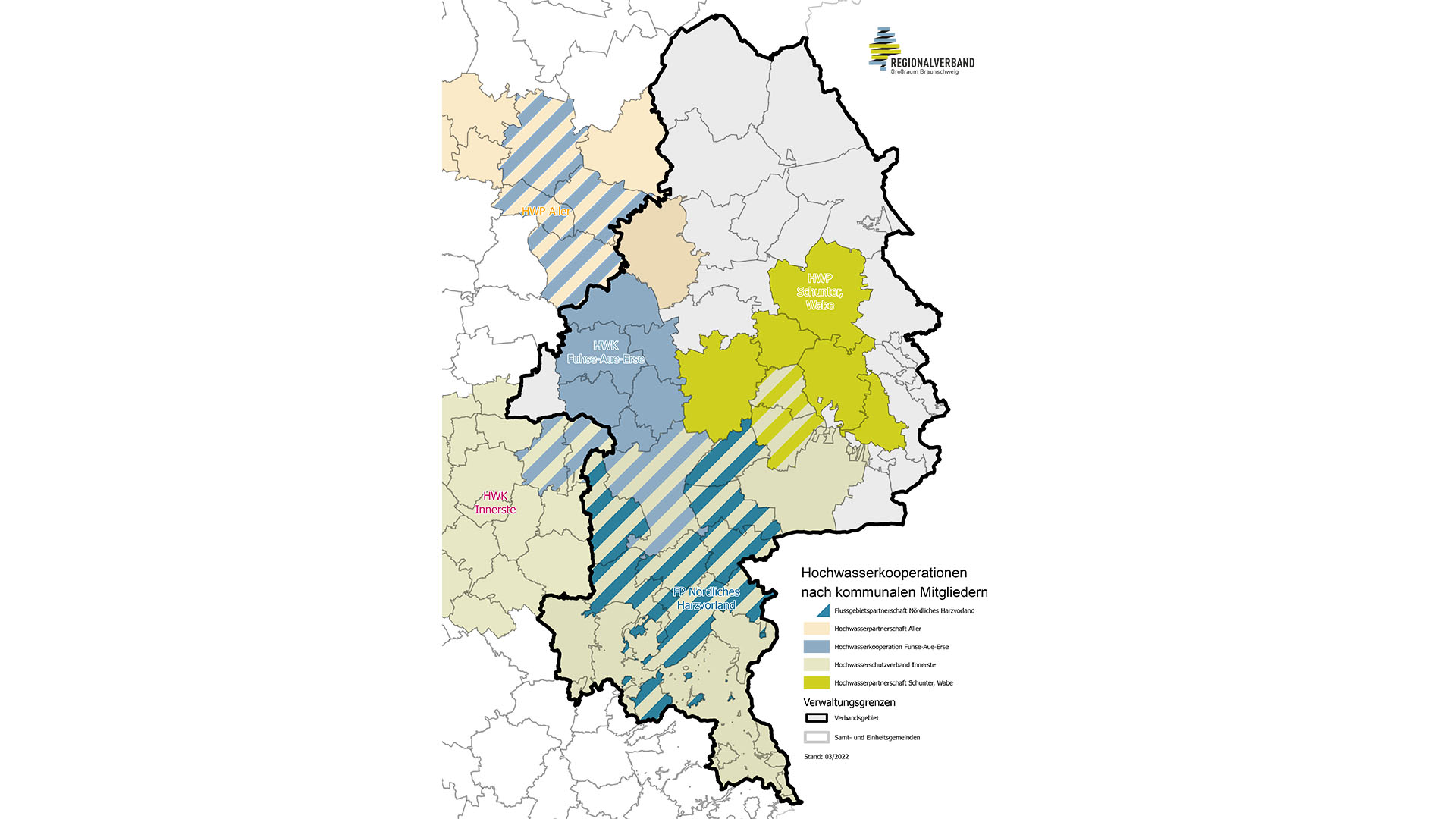 Eine Karte der Region, in der die Hochwasserkooperationen nach kommunalen Mitgliedern eingezeichnet sind.