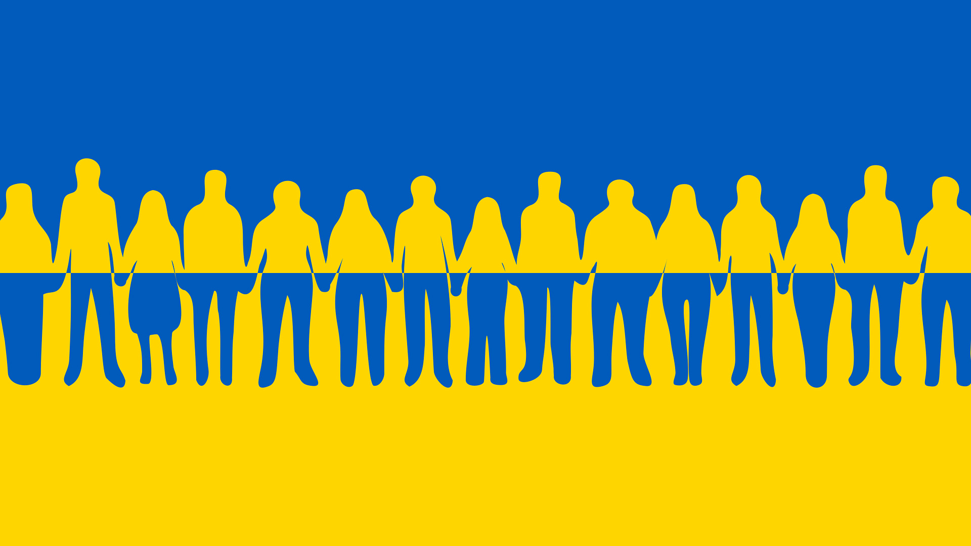 Vor der ukrainischen Flagge stehen, in umgekehrter Farbkombination, Menschen Hand in Hand, dargestellt wie ein Scherenschnitt.