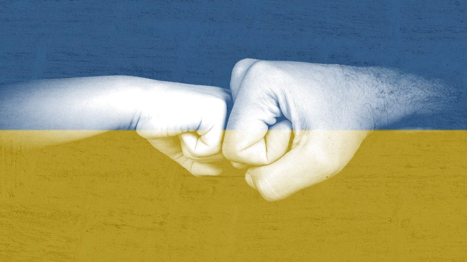 Eine Kinderfaust und eine Erwachsenenfaust stoßen einander an, darüber liegen dei Farben der ukrainischen Flagge.