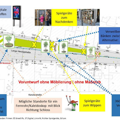 Ein Stadtplan der Innenstadt mit eingesetzten Bildern von Spielgeräten und Grünpflanzen.
