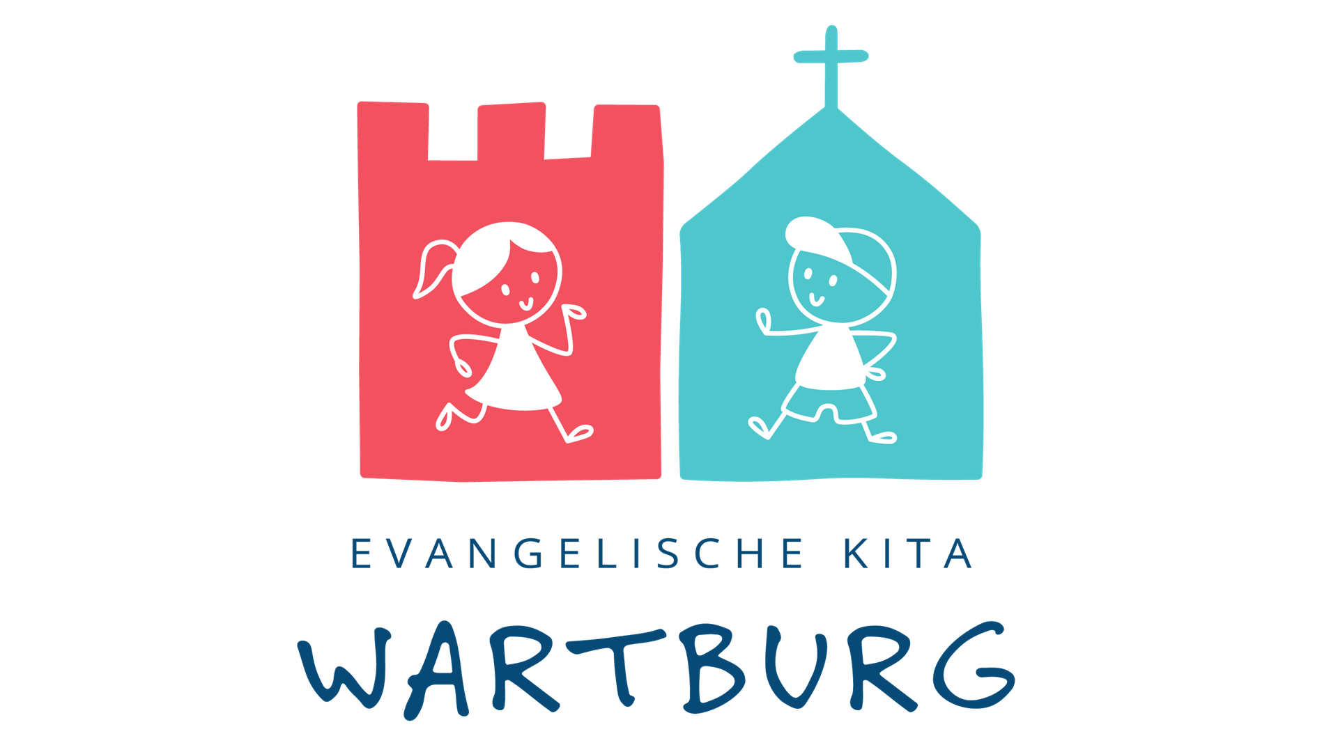Ein gezeichnetes Logo. Auf der rechten Seite in einem stilisierten kirchlichen Gebäude aus blauer Farbe steht ein gezeichneter Junge mit Cap. Auf der linken Seite in einer stilisierten Burg aus roter Farbe steht ein gezeichnetes Mädchen mit Pferdeschwanz. Darunter der Schriftzug "Evangelische Kita Wartburg".