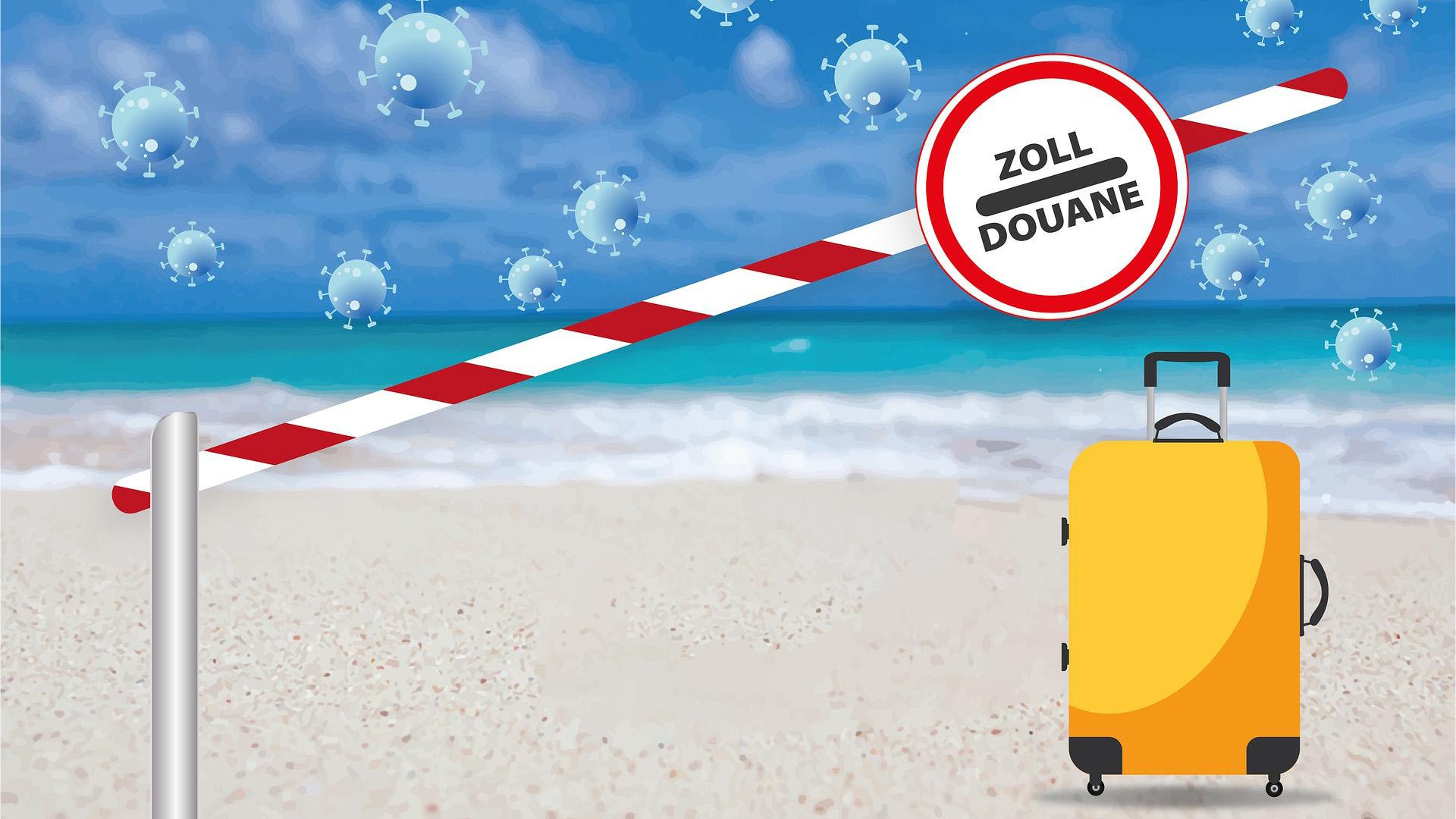 Collage: An einem Strand mit Blick aufs Meer steht ein gelber Koffer, im Himmer schweben Corona-Viren. Im Vordergrund eine halb abgesenkte rotweiße Schranke mit dem Schildd "Zoll".