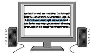 Zeichnung: Computermonitor mit Schriftzeichen, rechts und links daneben stehen zwei Lautsprecher.