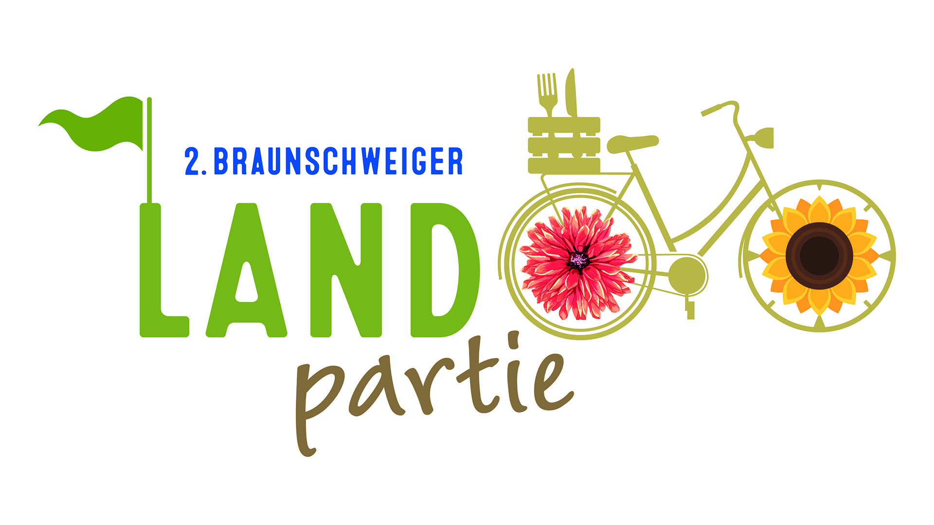 Im Logo der BraunschweigerLANDpartie ist neben dem Schriftzug noch ein Fahrrad mit Blüten in den Rädern abgebildet