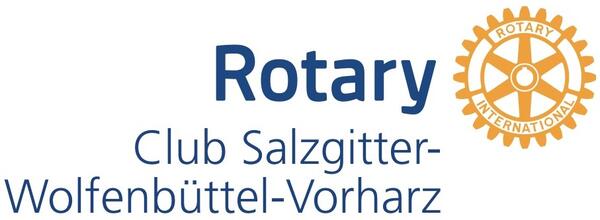 Logo mit der Aufschrift "Logo Rotary Club Salzgitter-Wolfenbüttel-Vorharz" und einem gelben Zahnrad.