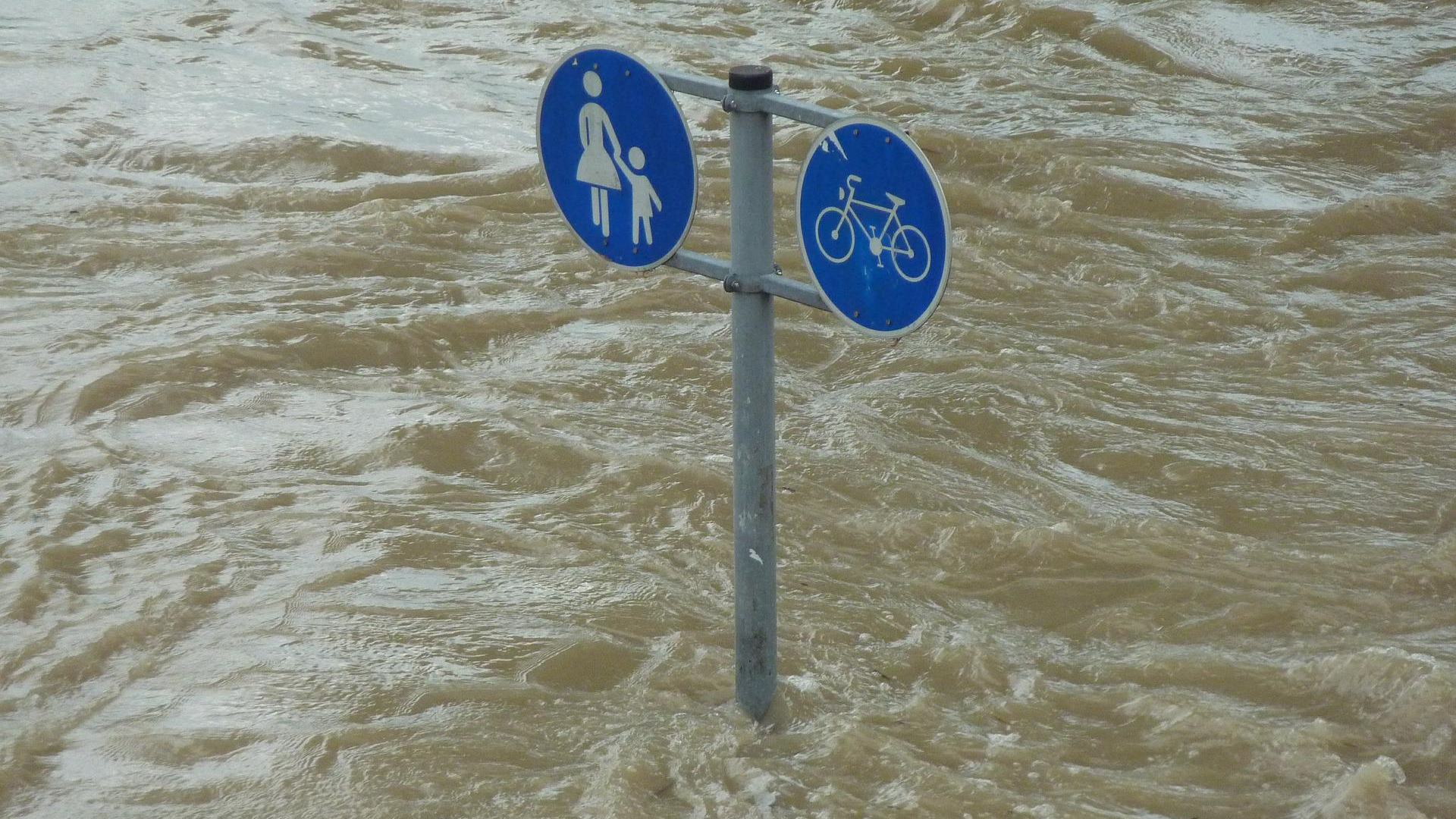 Ein Verkehrschild für Fußgänger und Radfahrer steht mitten im Wasser.