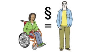 Zeichnung eine Frau im Rollstuhl und eines stehenden Mannes, zwischen ihnen ist das §-Zeichen und das =-Zeichen abgebildet.