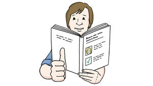 Zeichnung einer Person mit einem aufgeschlagenen Buch in einer Hand. Die andere Hand hält die Person neben dem Buch und streckt einen Daumen hoch.