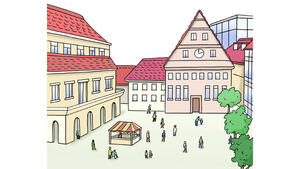 Zeichnung eines Platzes mit Menschen, Bäumen und einem Marktstand. An zwei Seiten des Platzes stehen verschiedene Häuser.