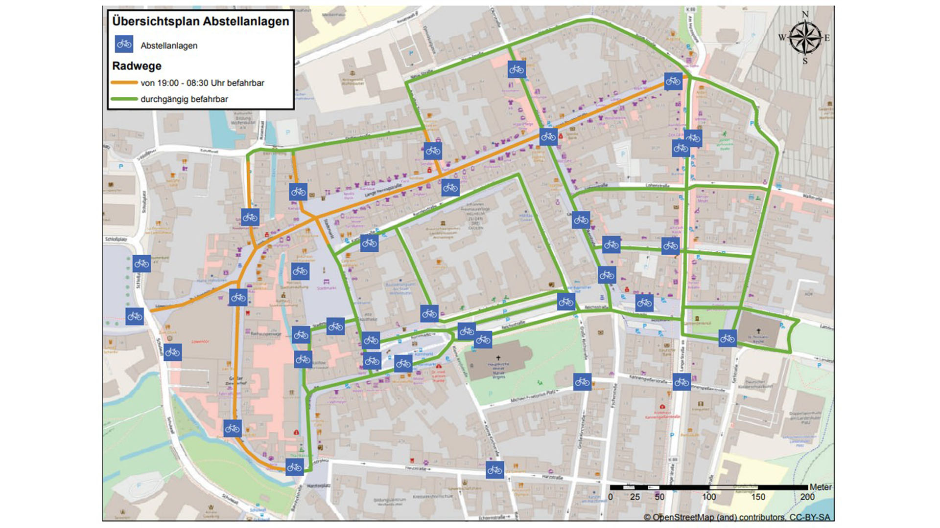In einer Stadtkarte ist das Radwegenetz und Abstellanlagen in der Innenstadt eingetragen