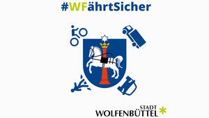 Logo der Kampagne Kampagne #WFährtSicher, mit Stadtwappen und verschiedenen Verkehrsteilnehmern und -fahrzeugen.