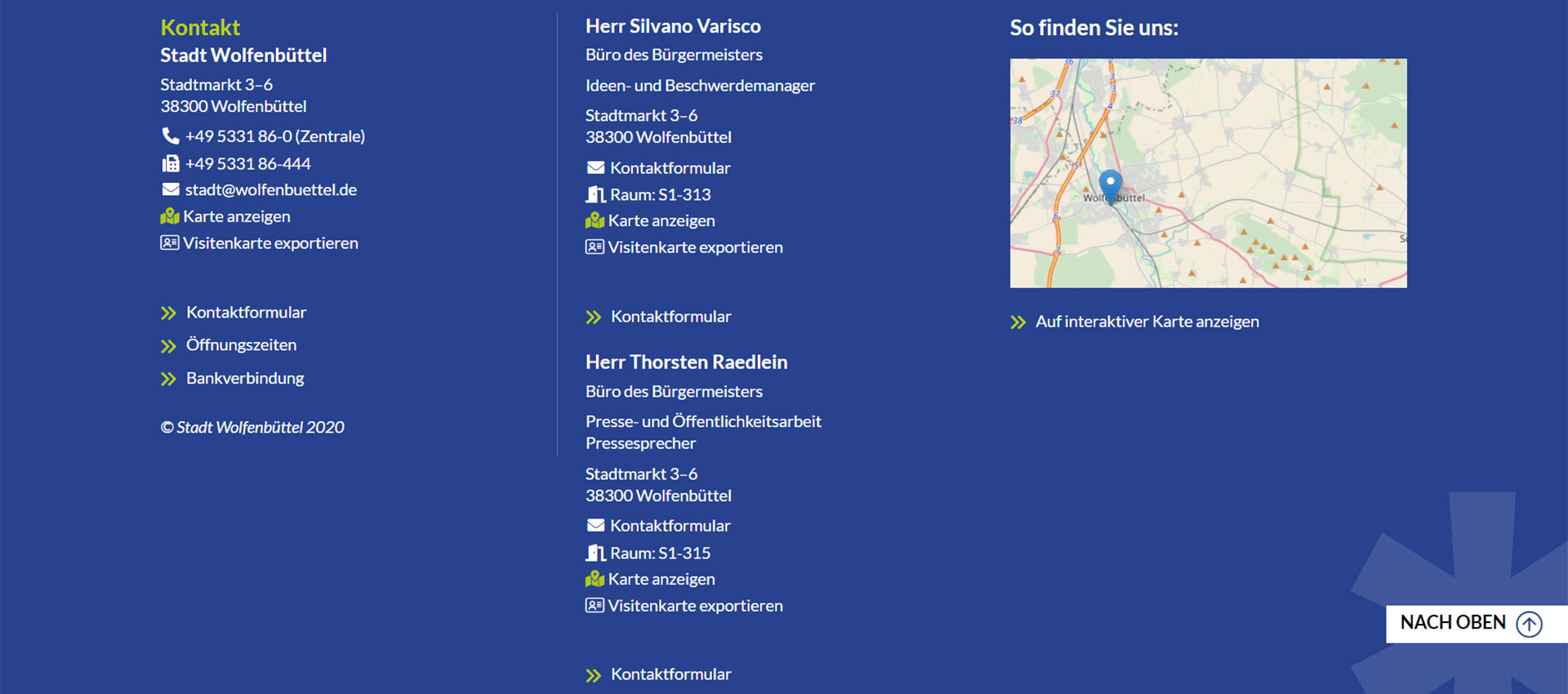 Screenshot der Fußzeile dieser Internetseite mit den Kontaktdaten der Stadt Wolfenbüttel sowie Öffnungszeiten und Bankverbindung. Das Rathaus ist in einem Ausschnitt der Stadtkarte markiert.