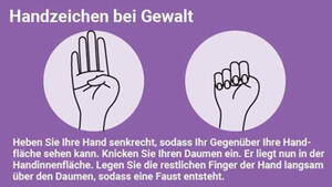 Plakat, in dem in Zeichnung und Bild das Handzeichen bei Gewalt beschrieben wird.