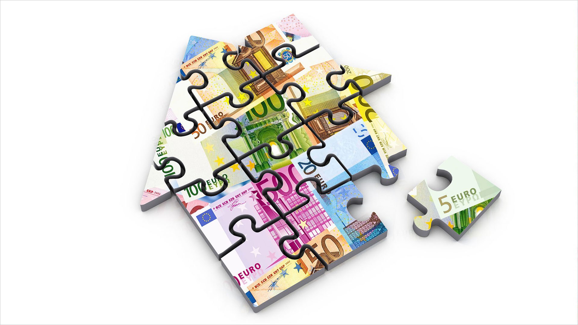 Ein Puzzel in Form eines Hauses, die einzelnen Puzzelteilchen sind eine Collage aus Geldscheinen