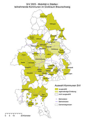 In einer Karte der Region sind die teilnehmende Kommunen im Großraum Braunschweig bei der Umfrage "SrV 2023 - Mobilität in Städten" farbig markiert