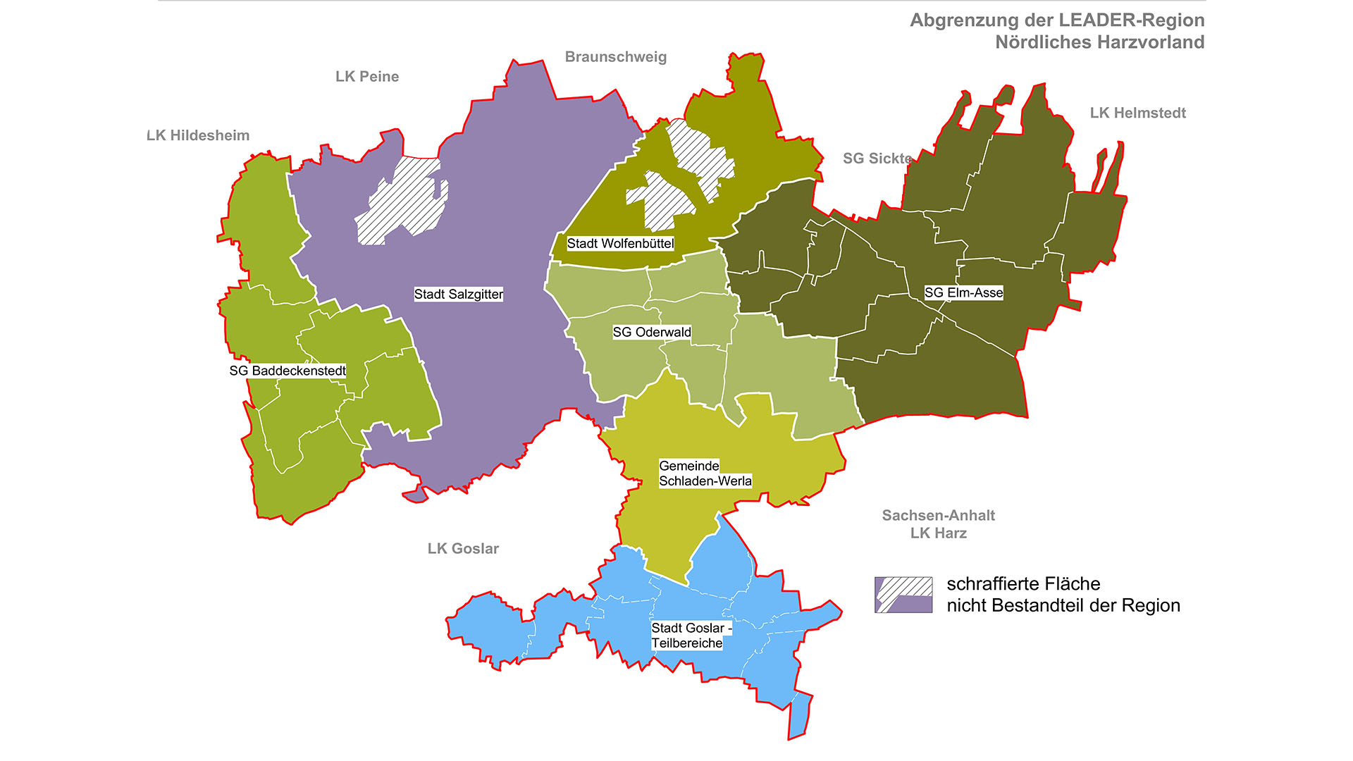 Abrenzung der LEADER-Region Nördliches Harzvorland in einer Landkarte der Region