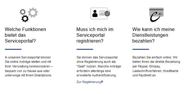 Screenshot von drei Button mit Informationen zum Service-Portal