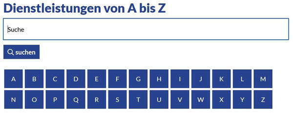 Screenshot : Unter der Überschrift Dienstleistungen von A bis Z steht ein Suchfeld, darunter das Wort SUCHEN und darunter 26 Button , jeweils einer für jeden Buchstaben des Alphabets