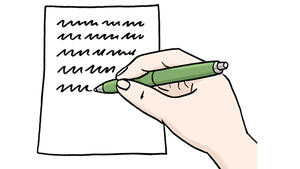 Zeichnung einer Hand, die mit einem Stift einen Brief schreibt