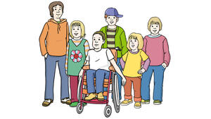 Zeichnung einer Gruppe von sechs Kindern verschiedenen Alters, ein Kind sitzt im Rollstuhl