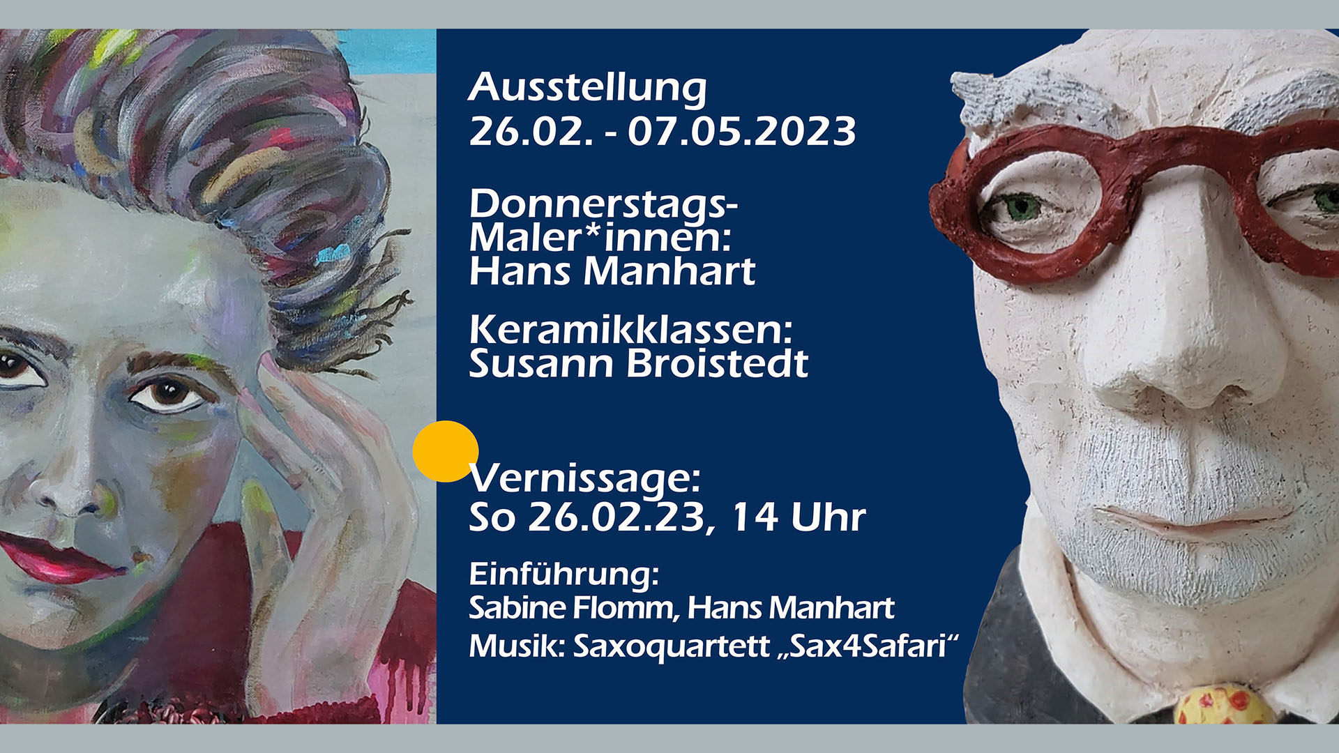 Ausstellungsplakat für eine Ausstellung mit Vernissage am 26. Februar: Keramik- und Malkurse präsentieren ihre Werke in der vhs